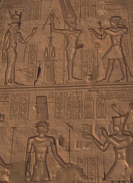 Egypt, Kom Ombo Stone relief work on temple wall